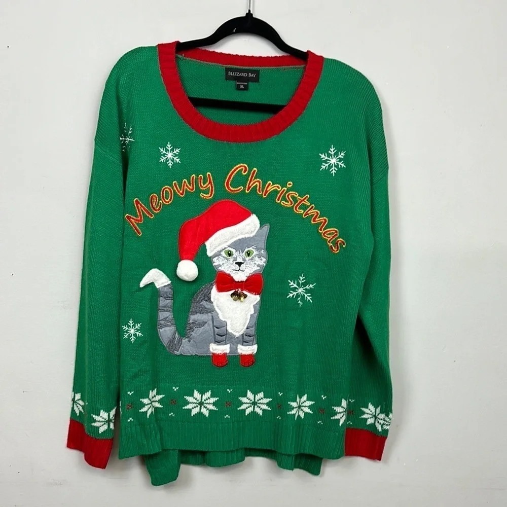 Meowy Christmas Kitty with Bells Ugly Christmas Sweater Sz XL